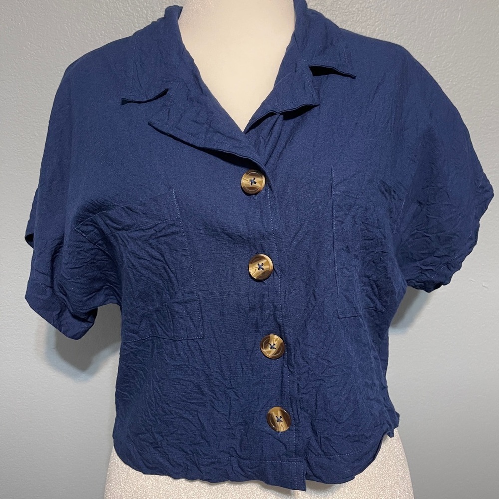 Land of the Free Crinkle Button Up Blouse Blue Boxy Linen Blend Boho Top Small